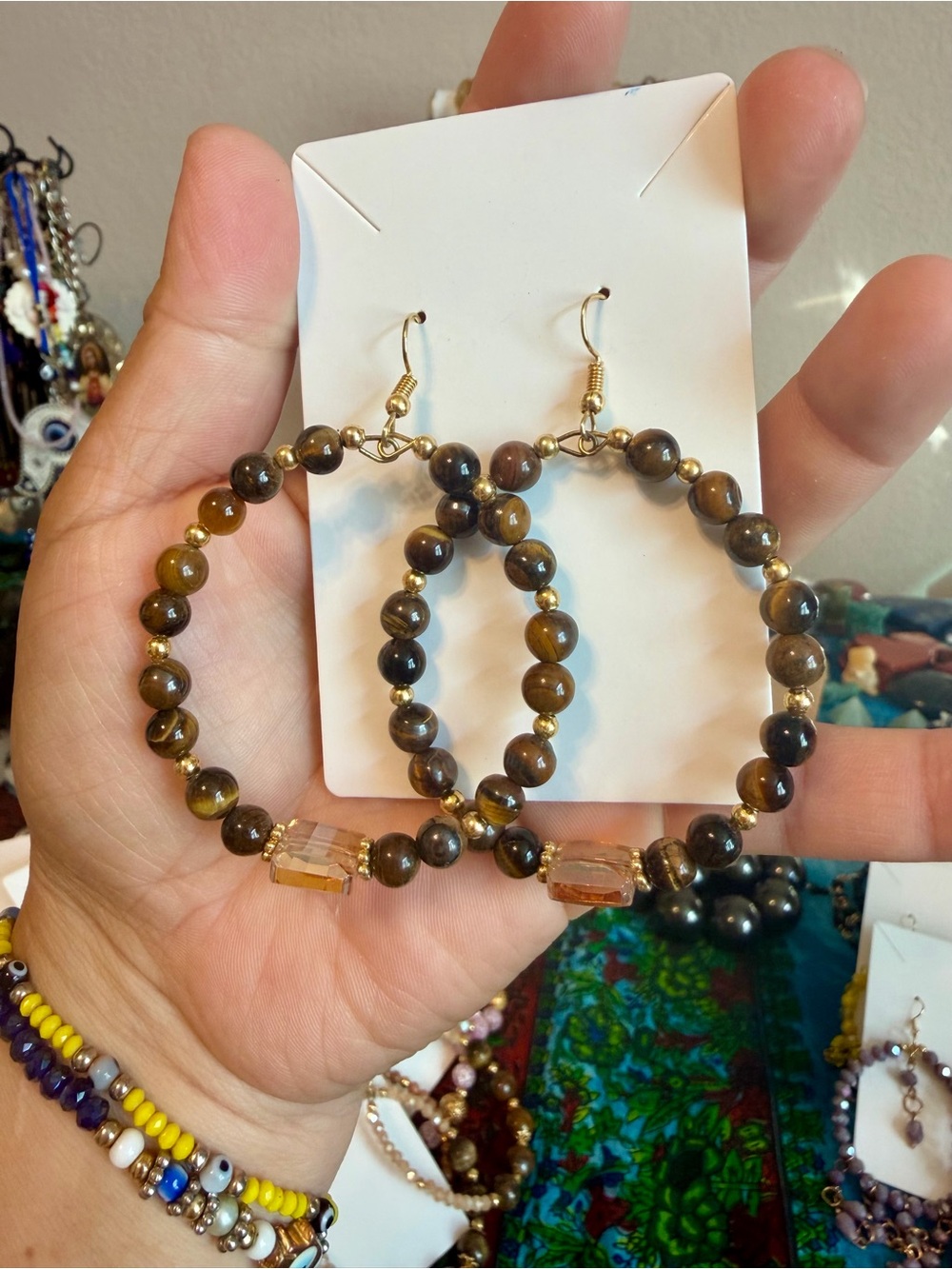 Beaded Hoop Earrings with Gold Accents 24k gold plated Brown Tiger Eye